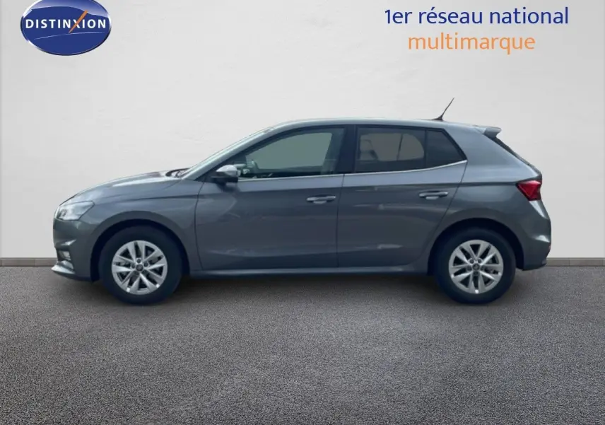 Vue de profil côté gauche d'une Skoda Fabia gris graphite métal avec jantes alliage et vitres teintées.
