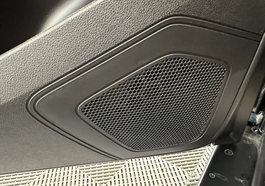 Gros plan sur le haut-parleur intégré à la porte intérieure d'une Aixam Ambition 0.5 City Pack bleu, côté conducteur.