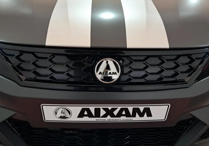 Gros plan frontal sur la calandre noire et le capot gris clair avec bandes grises de l’Aixam Ambition 2024.