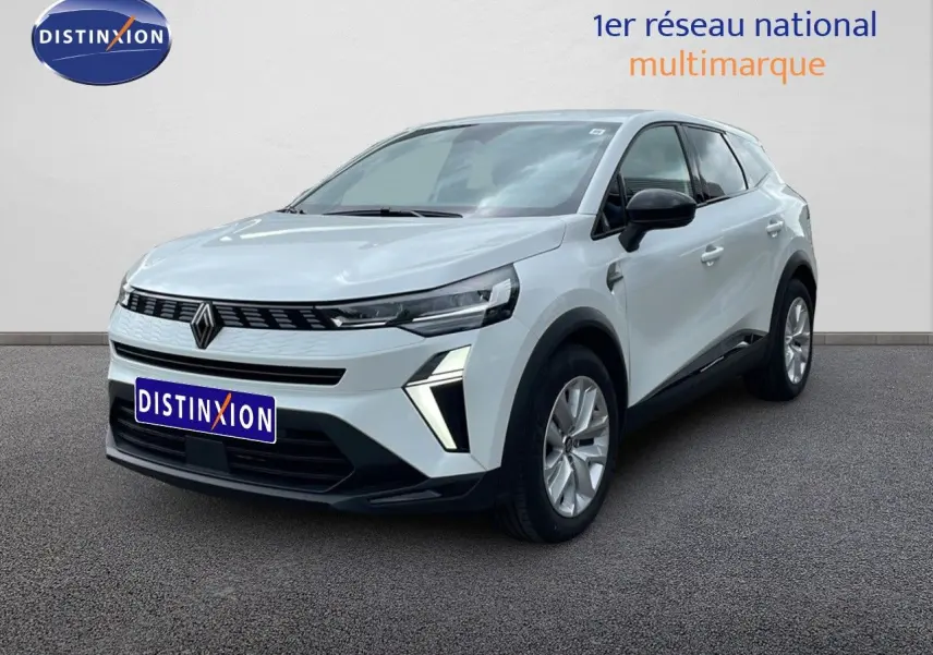 Vue 3/4 avant d'un Renault Symbioz gris rafale métal avec calandre noire et feux LED distinctifs.