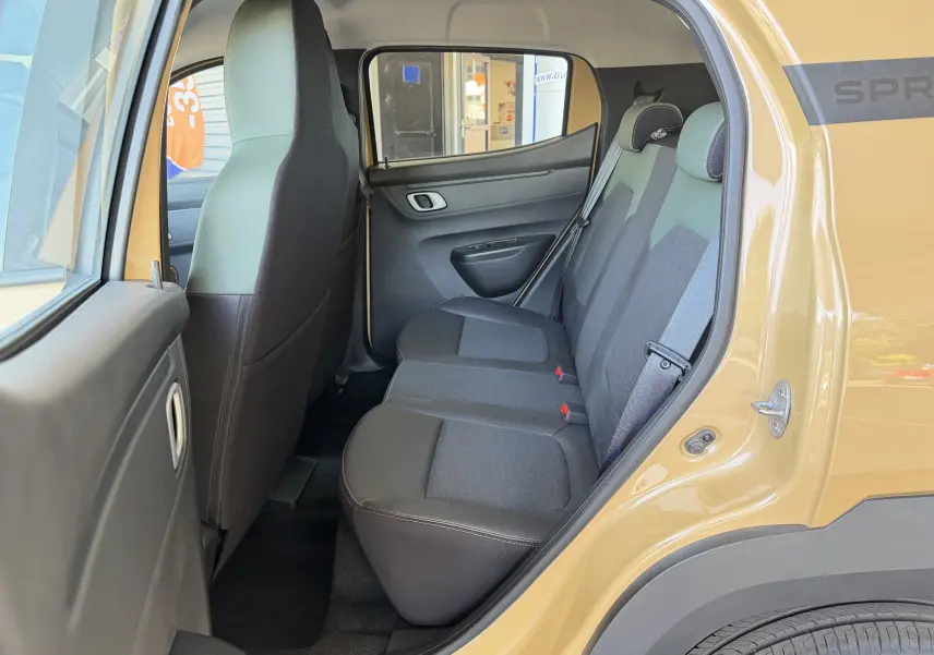 Vue côté droit des sièges arrière en tissu noir et vert du Dacia Spring 65 Extreme beige safari avec porte ouverte.