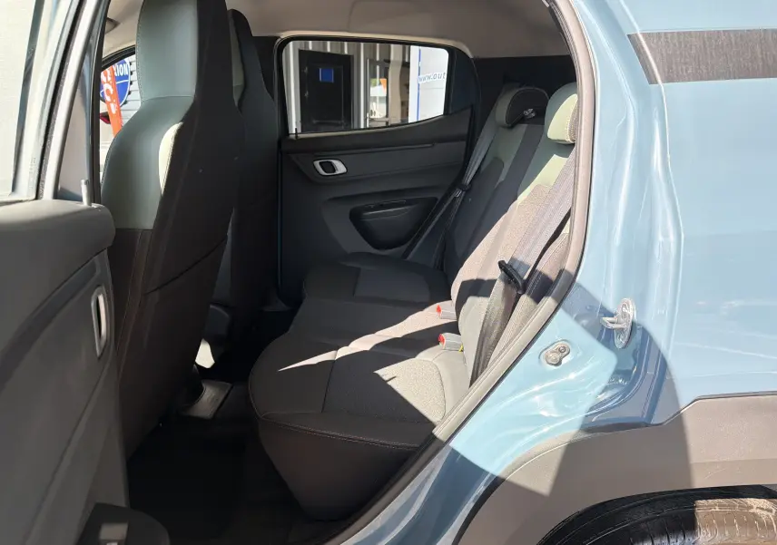 Vue intérieure côté arrière droit du Dacia Spring 65 Extreme 2026 bleu ardoise, montrant les sièges arrière et la porte ouverte.