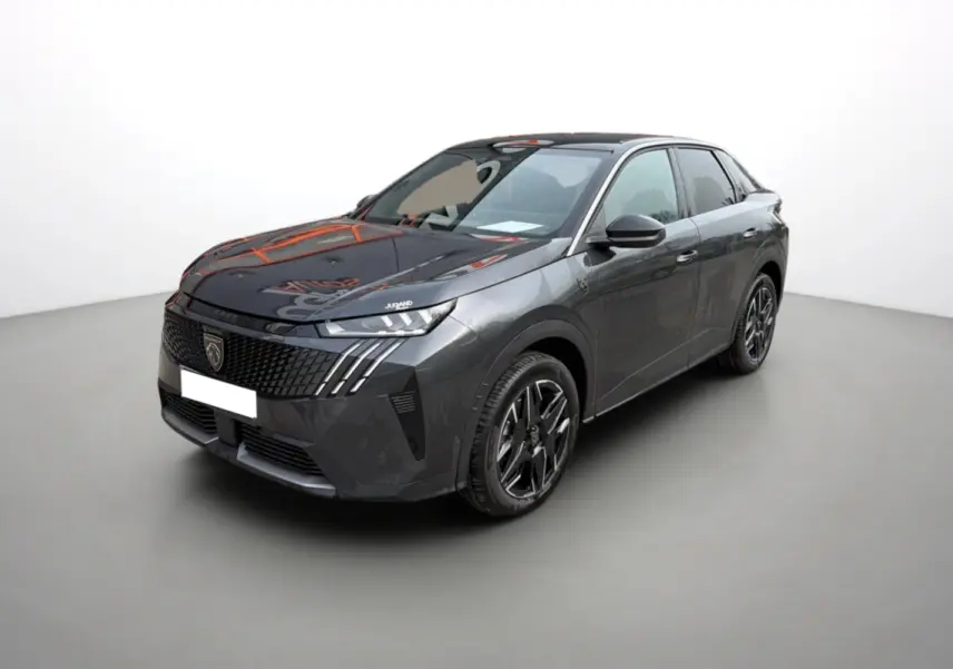 Peugeot 3008 Hybrid gris titane avec toit noir, vue 3/4 avant mettant en valeur la calandre et les jantes alu noires.