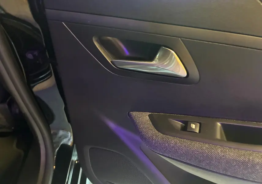 Gros plan sur la porte arrière gauche noire de la Peugeot 208 1.5 BlueHDi 100 Style avec poignée argentée et commande de fenêtre.
