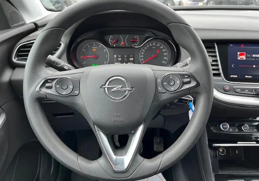 Vue rapprochée du volant multifonctions et du tableau de bord de l'Opel Grandland X gris clair de 2019.