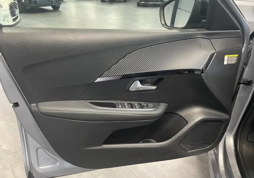 Intérieur côté gauche de la porte avant gris Artense de la Peugeot 208 avec insert carbone et commandes électriques.