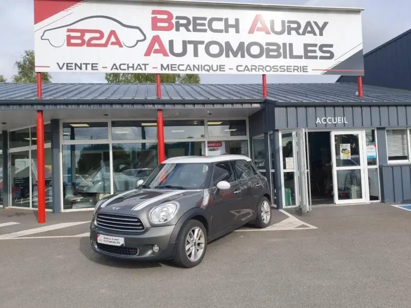 MINI Countryman Cooper D 2014 gris Royal vue 3/4 avant avec toit blanc et bandes blanches sur capot, devant un garage.