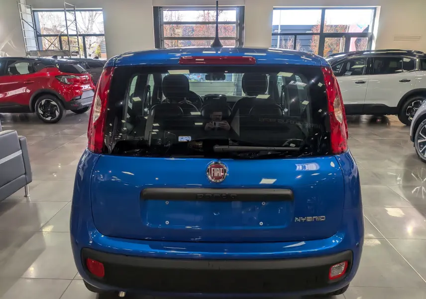 Vue arrière d'une FIAT Panda 1.0 70 CH Hybrid City bleu Italia dans un showroom lumineux.
