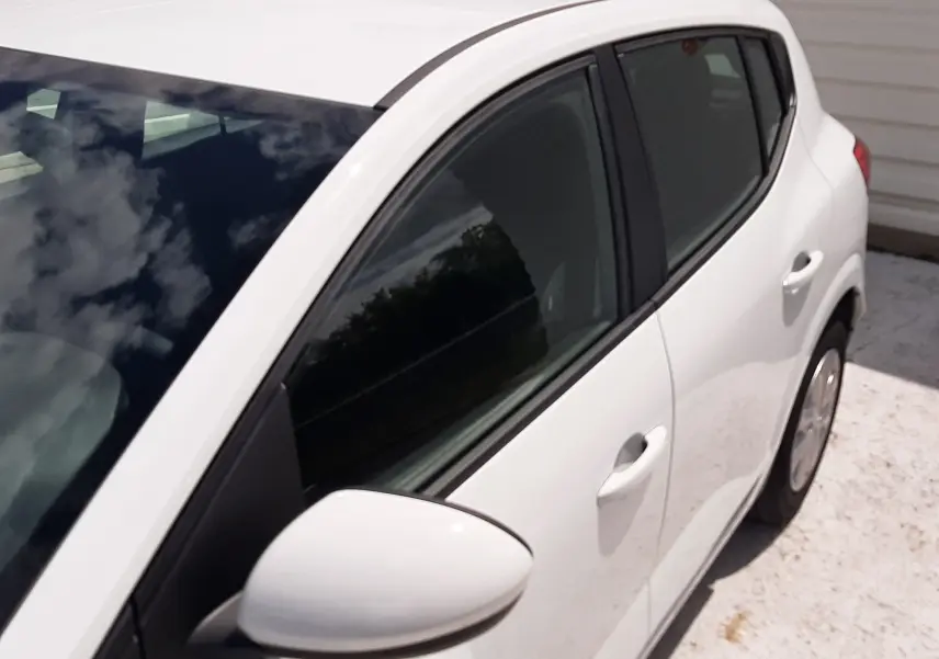 Vue en plongée du côté gauche arrière d'une Dacia Sandero blanc glacier, mettant en valeur les vitres teintées et la poignée de porte.