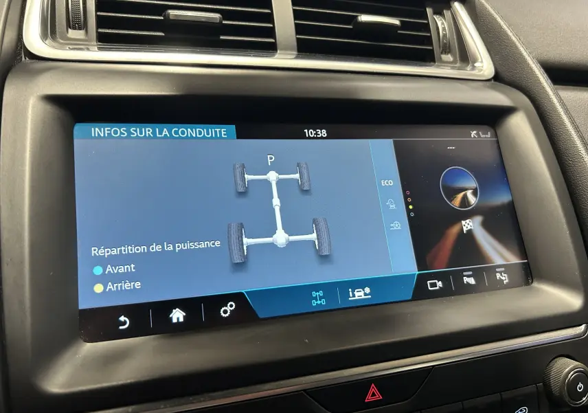 Écran tactile intérieur du Jaguar E-PACE 2018 affichant la répartition de la puissance 4x4 en mode ECO.