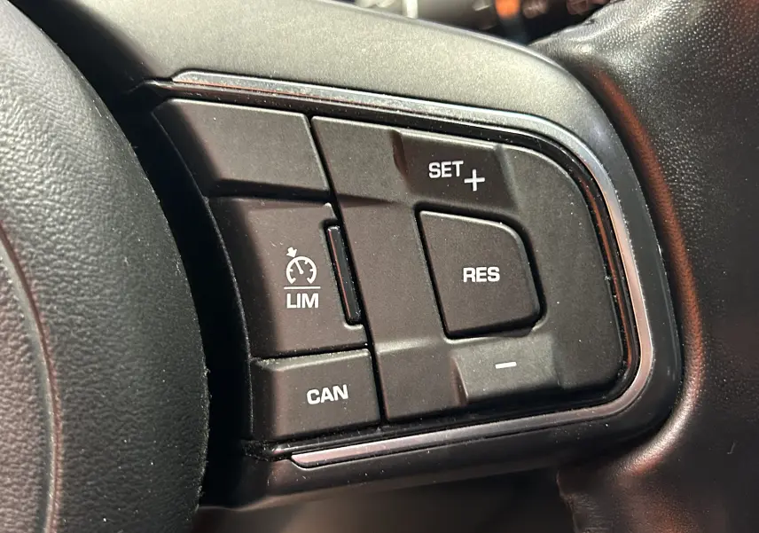 Gros plan sur les commandes de régulateur de vitesse au volant d’un Jaguar E-PACE beige, intérieur noir.