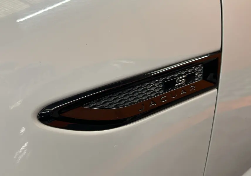 Gros plan sur l'emblème latéral noir brillant "S" et "JAGUAR" sur la carrosserie beige du Jaguar E-PACE.