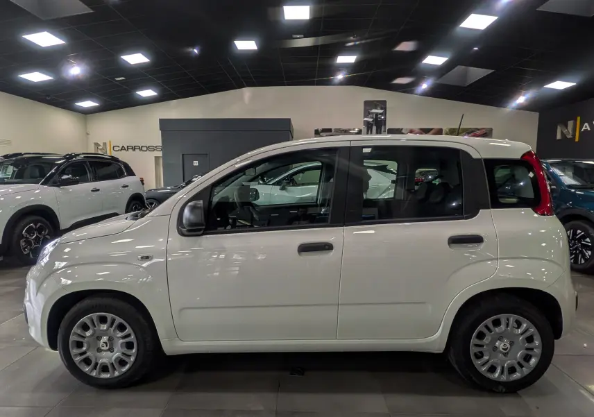 Profil côté gauche d'une Fiat Panda blanche Gelato 2025 en hybride essence, exposée en showroom avec jantes acier.