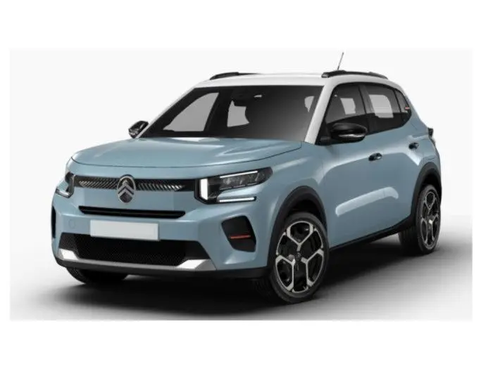 Citroën C3 Turbo 100ch Plus bleu Monte Carlo avec toit blanc, vue 3/4 avant droit, jantes alliage et phares LED.