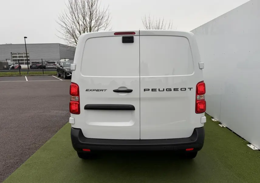 Vue arrière du Peugeot Expert Fourgon blanc Icy avec portes battantes tôlées et feux rouges verticaux.