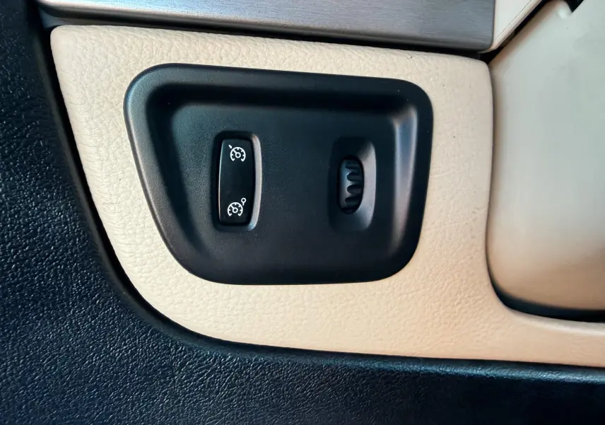 Gros plan sur les commandes de régulateur de vitesse intégrées dans la garniture beige de la porte côté conducteur du Renault Avantime gris.