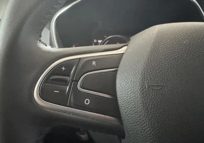 Gros plan sur le volant cuir noir de la Renault Mégane Business avec commandes multifonctions côté gauche.