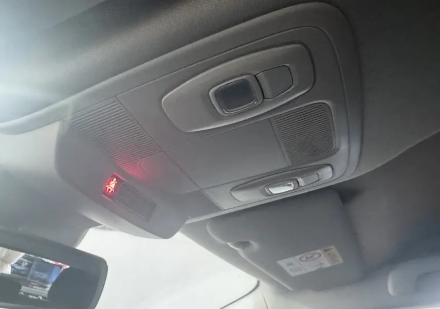 Plafonnier intérieur gris avec éclairage rouge allumé, vue du conducteur vers l'avant dans une Renault Mégane Business gris clair.