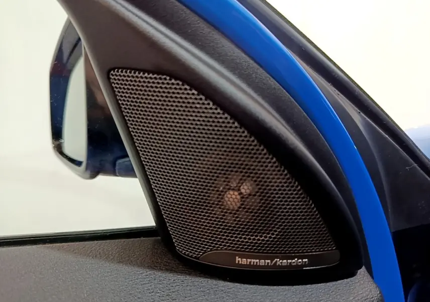 Gros plan sur l'enceinte Harman/Kardon intégrée côté gauche d'une BMW X2 bleu 2019 sDrive20i M Sport.