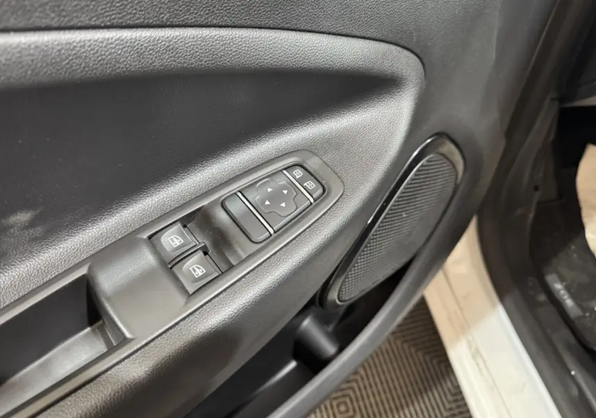 Gros plan sur la commande des vitres et le haut-parleur de la porte avant gauche d’une Renault ZOE blanche de 2020.