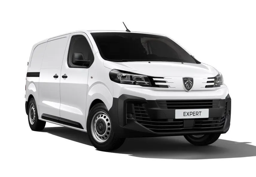 Vue 3/4 avant droite d’un Peugeot Expert Fourgon blanc 2025 avec pare-chocs noir et jantes acier.