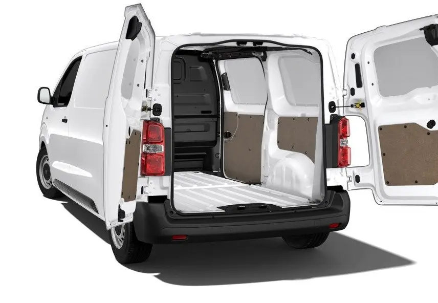 Vue 3/4 avant d’un Peugeot Expert Fourgon blanc 2025 avec pare-chocs noirs et jantes acier simples.