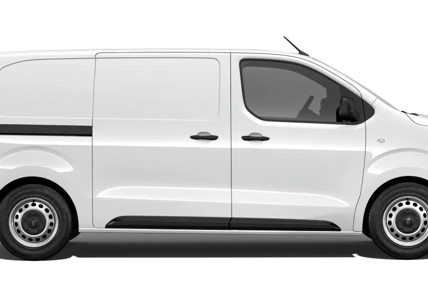 Vue latérale droite d’un Peugeot Expert Fourgon blanc 2025, version M 1.5 BlueHDi 120 ch Premium, avec jantes acier et protections noires.