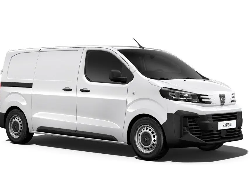 Vue 3/4 arrière droite d’un Peugeot Expert Fourgon blanc 2025 avec bande noire latérale et jantes acier.