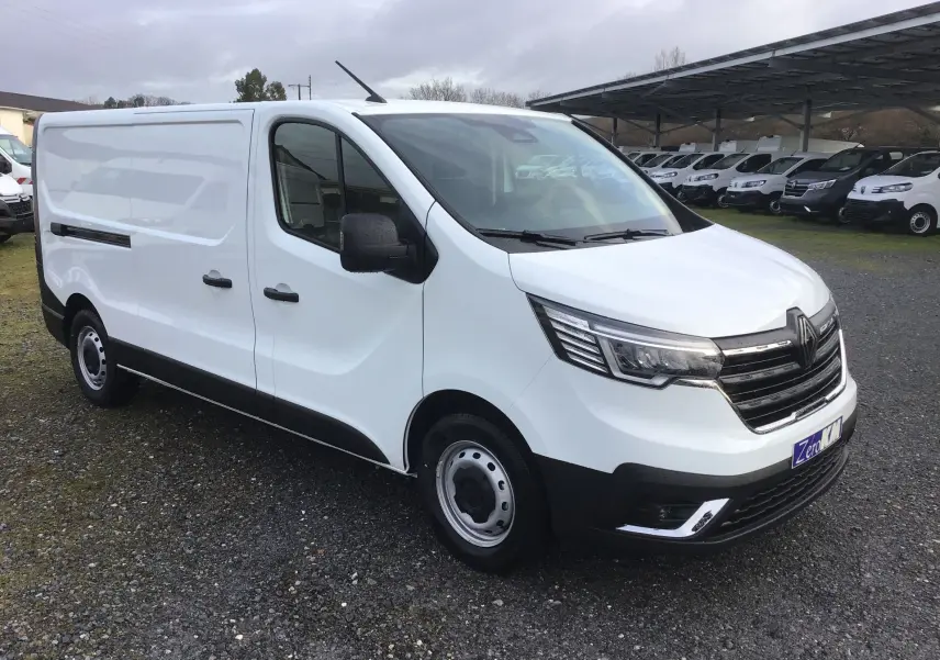 Renault Trafic Fourgon blanc en vue 3/4 avant droit, avec calandre noire et jantes acier simples.