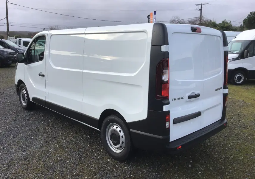 Renault Trafic Fourgon blanc vu en 3/4 arrière droit, avec portes arrière fermées et jantes acier simples.