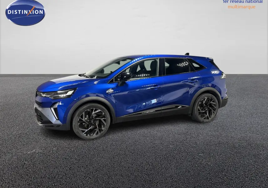 Renault Symbioz bleu Iron vue de profil côté gauche, avec jantes noires et détails noirs brillants.
