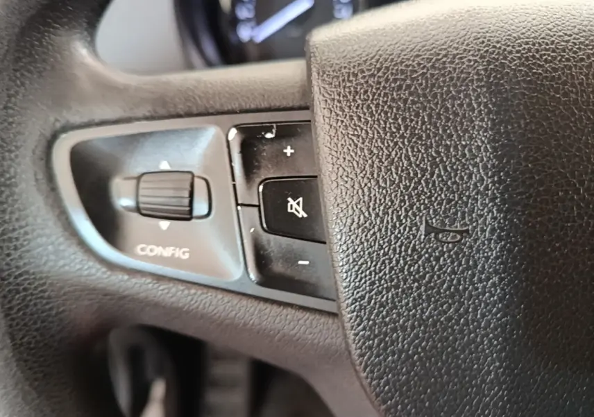Gros plan sur les commandes gauche du volant noir du Peugeot Expert Fourgon 2020, boutons volume et configuration.