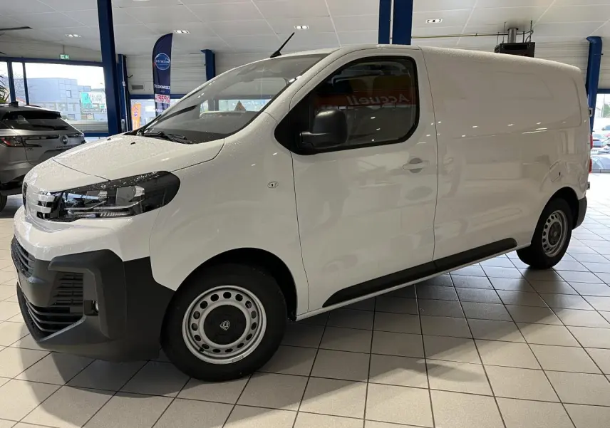 Peugeot Expert Fourgon blanc en vue de profil côté gauche, avec boucliers noirs et roues tôles grises.