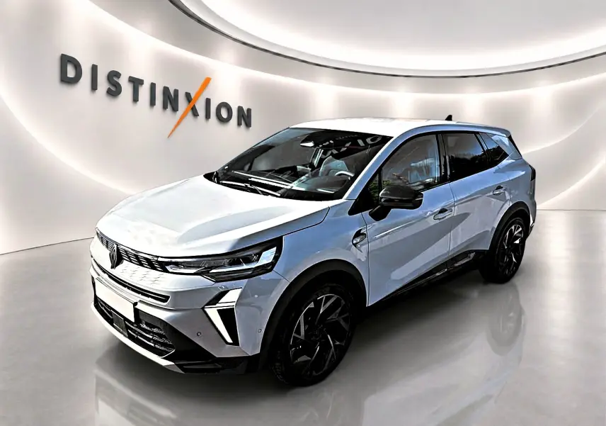 Renault Symbioz gris rafale en 3/4 avant droit, avec jantes noires et détails noirs contrastants.