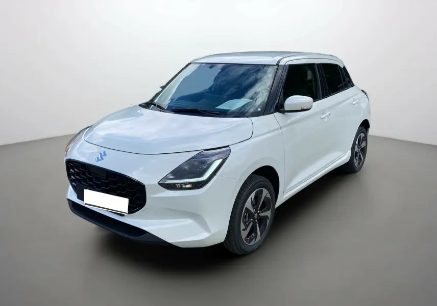 Suzuki Swift 2025 blanche vue 3/4 avant droit avec jantes alu et vitres surteintées
