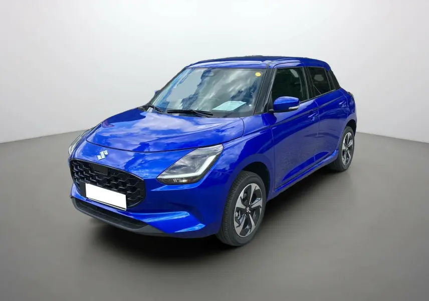 Suzuki Swift 1.2 Dualjet Hybrid Allgrip Pack en bleu Frontier, vue 3/4 avant droit avec jantes alu 16 pouces.