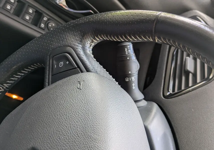 Vue rapprochée du volant en cuir noir et de la portière côté gauche d’un Renault Scenic IV blanc, avec commandes intégrées.