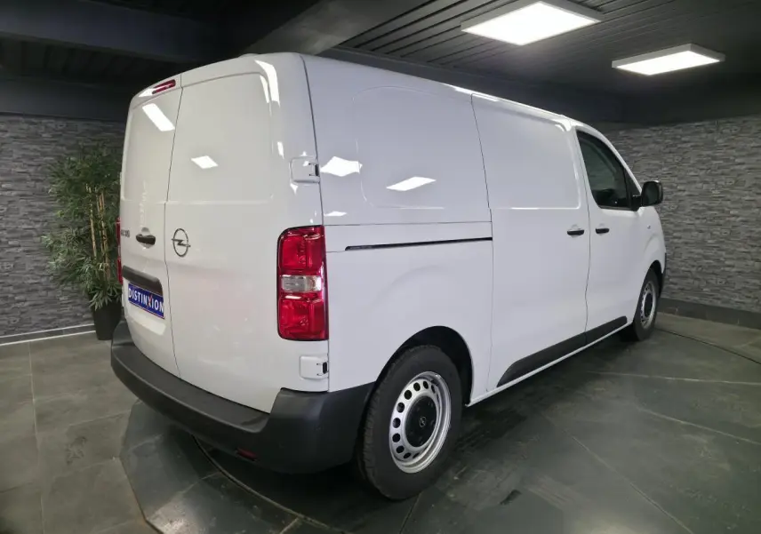 Vue 3/4 arrière droite d’un utilitaire Opel Vivaro blanc avec portes battantes arrière et jantes tôles grises.