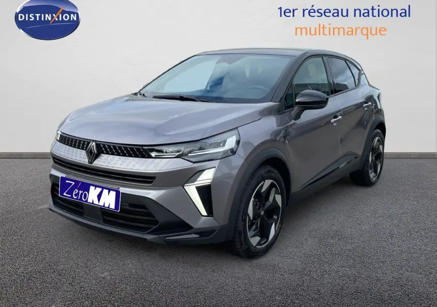 Renault Captur E-Tech hybride gris cassiopée métal vue 3/4 avant avec toit noir et jantes noires distinctives.