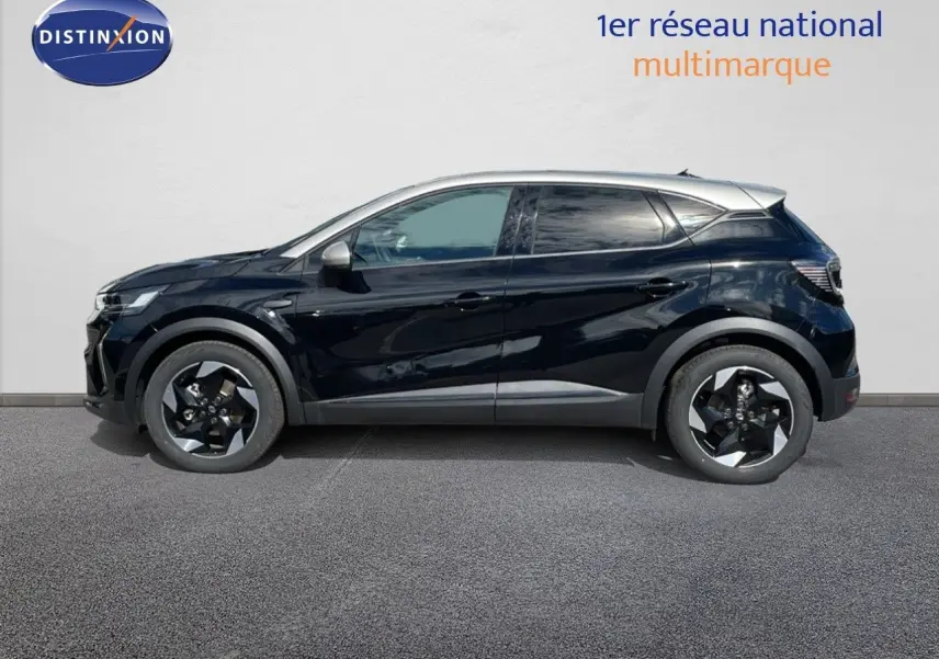 Profil côté gauche d'un Renault Captur E-Tech hybride 2025 noir étoile avec toit gris métallisé et jantes bi-ton.