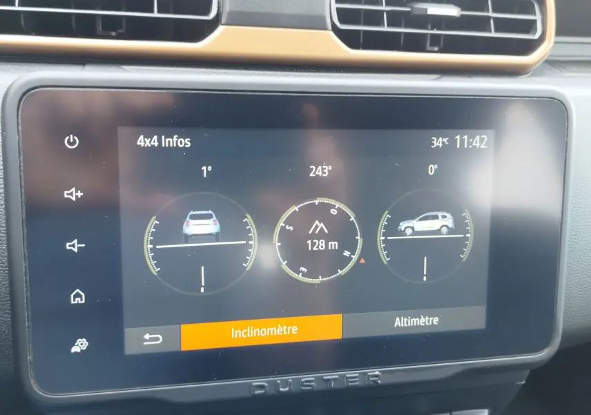 Écran tactile intérieur du Dacia Duster 2024 affichant les infos 4x4 avec inclinomètre et altimètre, tableau de bord noir.