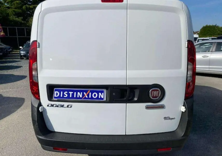 Vue arrière d'un fourgon blanc Fiat Doblo 2017 avec portes tôlées et logo FIAT visible au centre.
