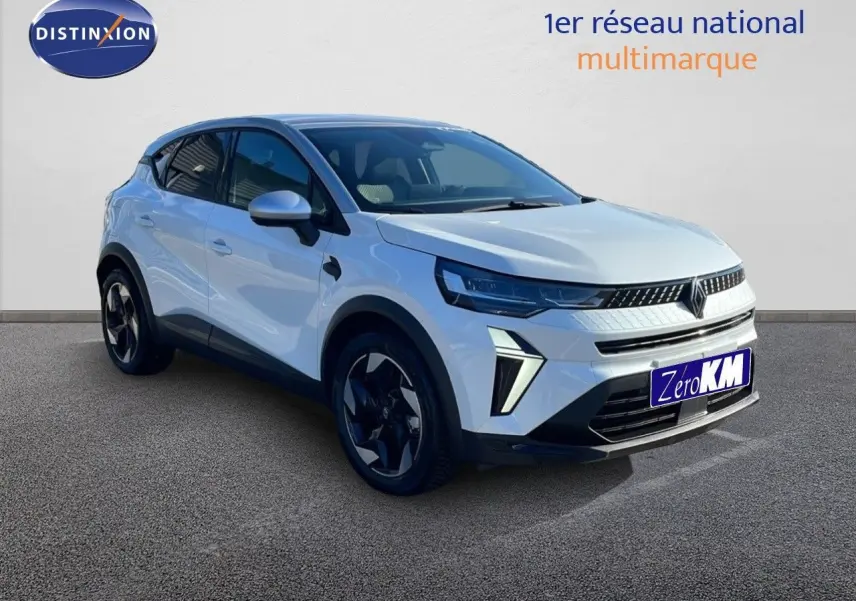 Renault Captur E-Tech hybride blanc nacré toit gris, vue 3/4 avant droit avec feux LED et jantes noires.