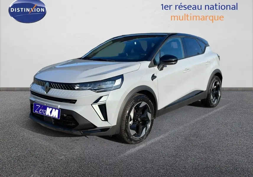 Renault Captur E-Tech hybride 2025 gris rafale avec toit noir, vue 3/4 avant mettant en valeur ses jantes noires.