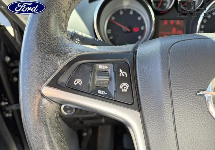 Gros plan sur le volant cuir gris de l'Opel Zafira Tourer 2013 avec commandes de régulateur de vitesse visibles.
