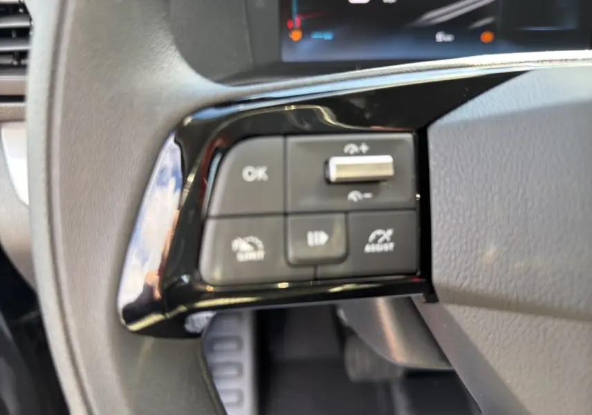 Gros plan sur les commandes multifonctions noires du volant côté gauche dans l'habitacle d'un Citroën Jumpy gris foncé.