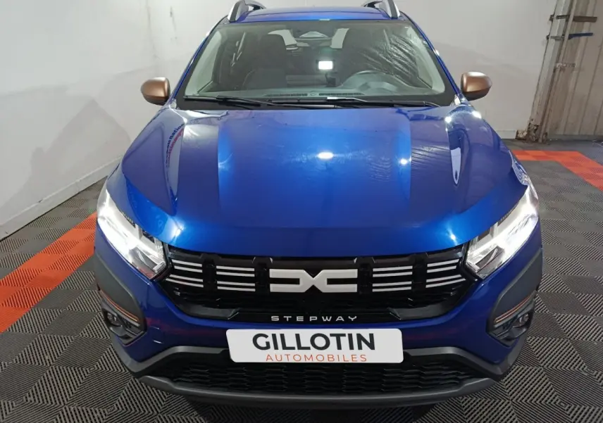 Vue avant rapprochée d'une Dacia Sandero Extreme+ TCe 110 2024 bleu avec calandre noire et rétroviseurs bronze.