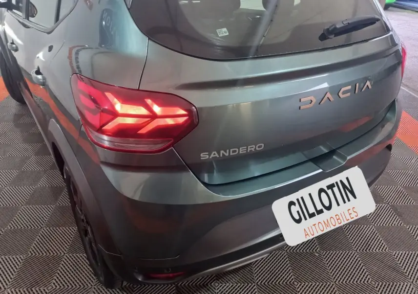 Vue 3/4 arrière droite d'une Dacia Sandero verte avec feux arrière allumés et logo visible sur le hayon.