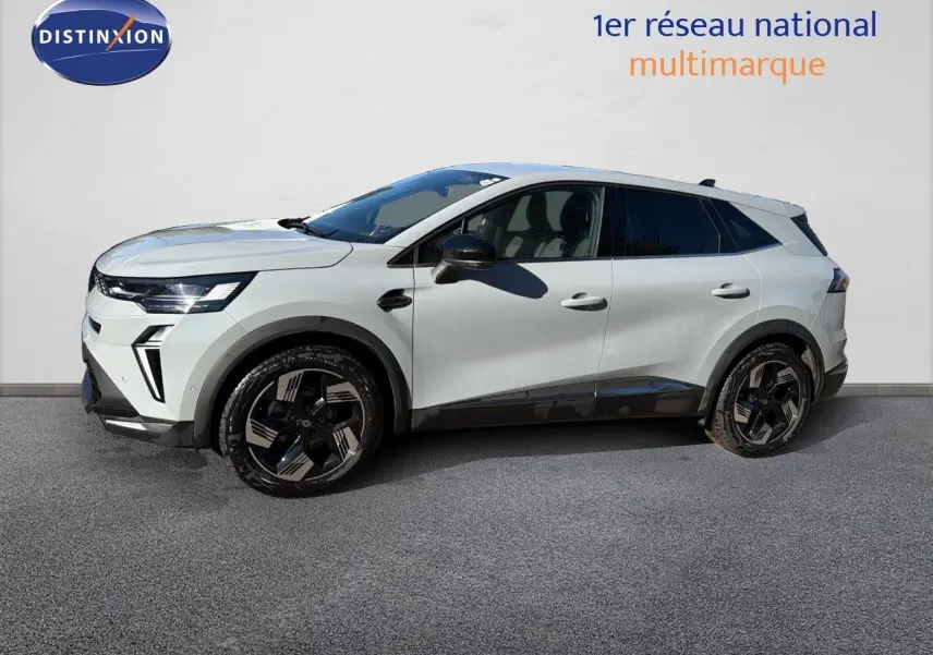 Renault Symbioz E-Tech gris Rafale, vue profil côté gauche, jantes noires et toit noir contrastant.