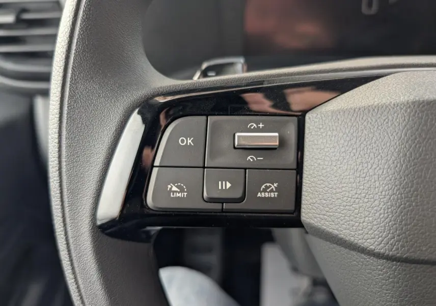Gros plan sur les commandes de régulateur et limiteur de vitesse sur le volant noir du Peugeot Expert Fourgon 2025.